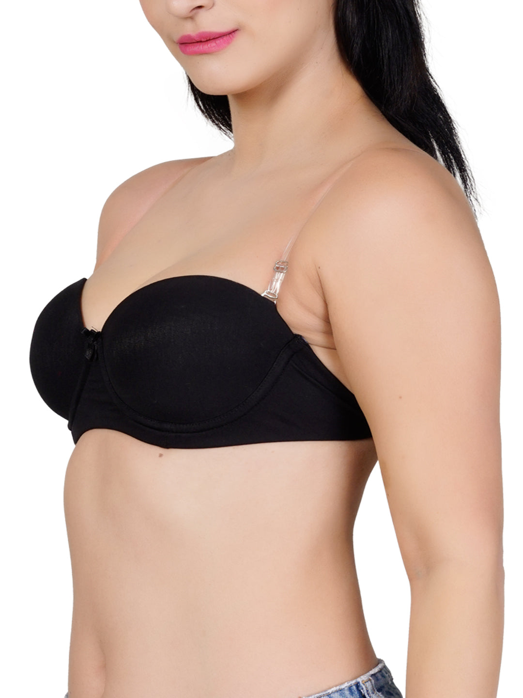 LacyLuxe Women's Demi Cup Padded Bra | Backless | Transparent Straps | Strapless Bra | Cotton Stretch Fabric | T Shirt Bra