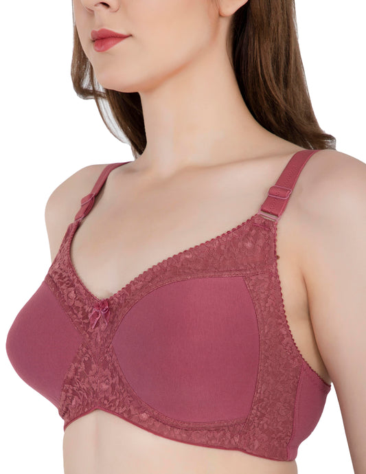 Women's Seamless Padded Bra | Full Coverage | Cotton Stretch Fabric and Nylon Lace | Broad Adjustable Straps