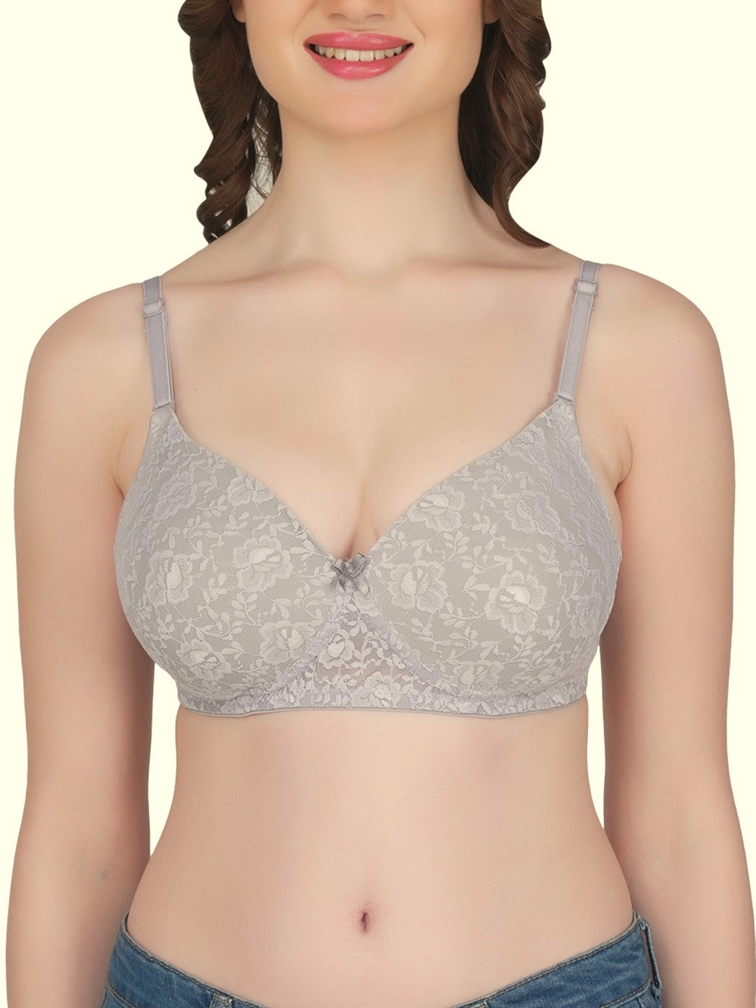 Womans Seamless Padded Nylon Lace Everyday Non Wired Bra with Detachable Straps | Transparent Straps Included