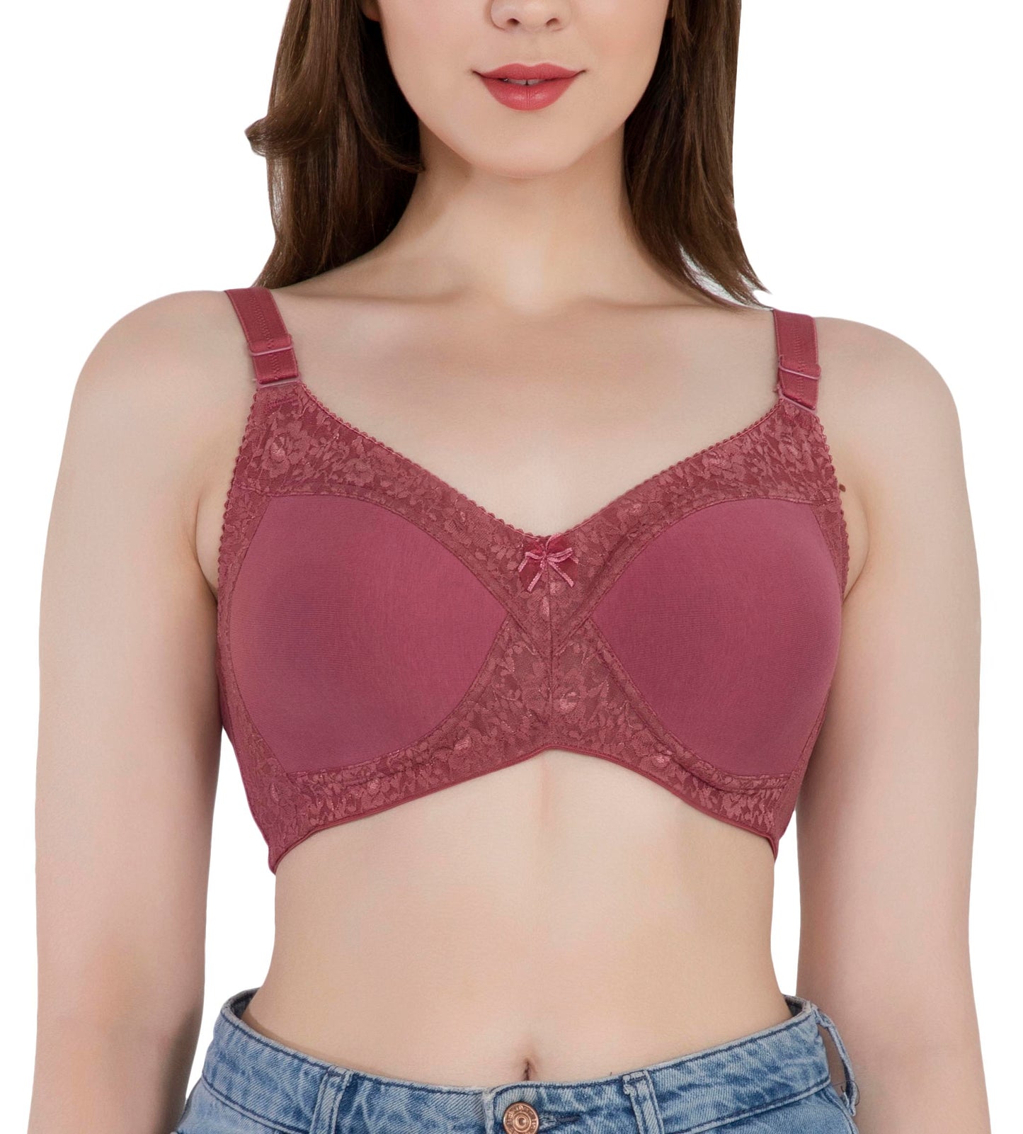 Women's Seamless Padded Bra | Full Coverage | Cotton Stretch Fabric and Nylon Lace | Broad Adjustable Straps