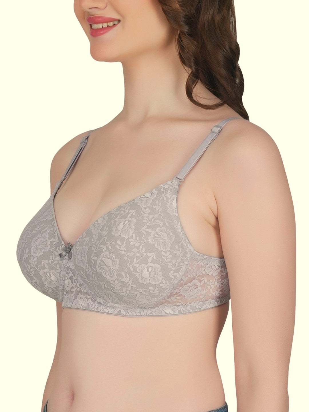 Womans Seamless Padded Nylon Lace Everyday Non Wired Bra with Detachable Straps | Transparent Straps Included