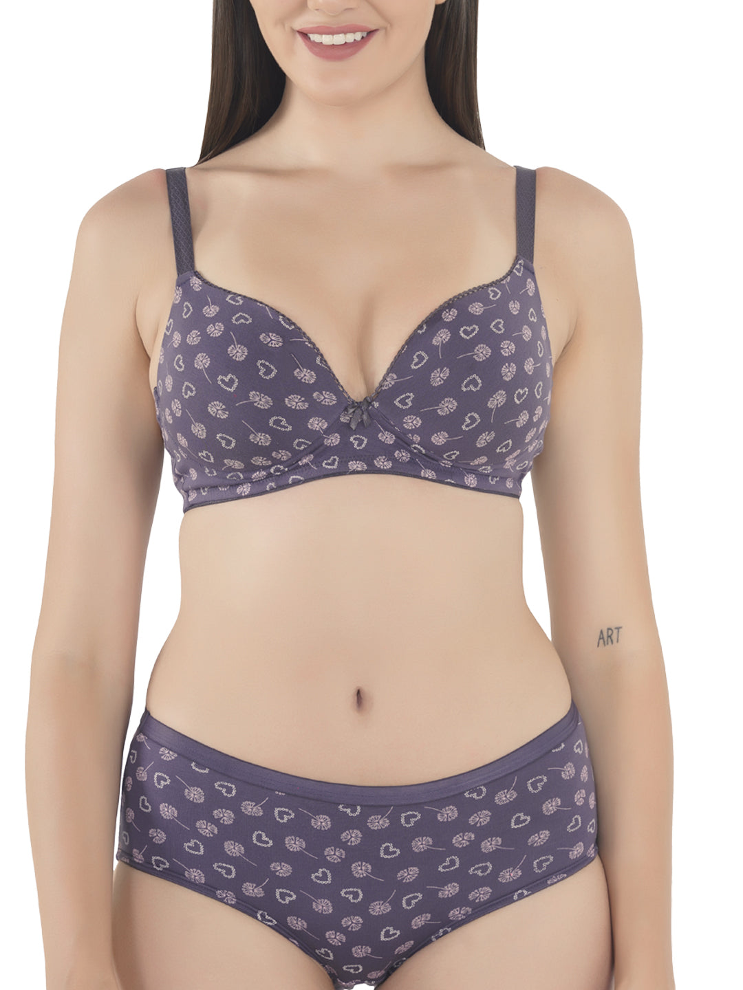 Womens Lingerie Set with Seamless Padded Cotton Stretch Fabric Printed, Non Wired Bra and Hipster Panty