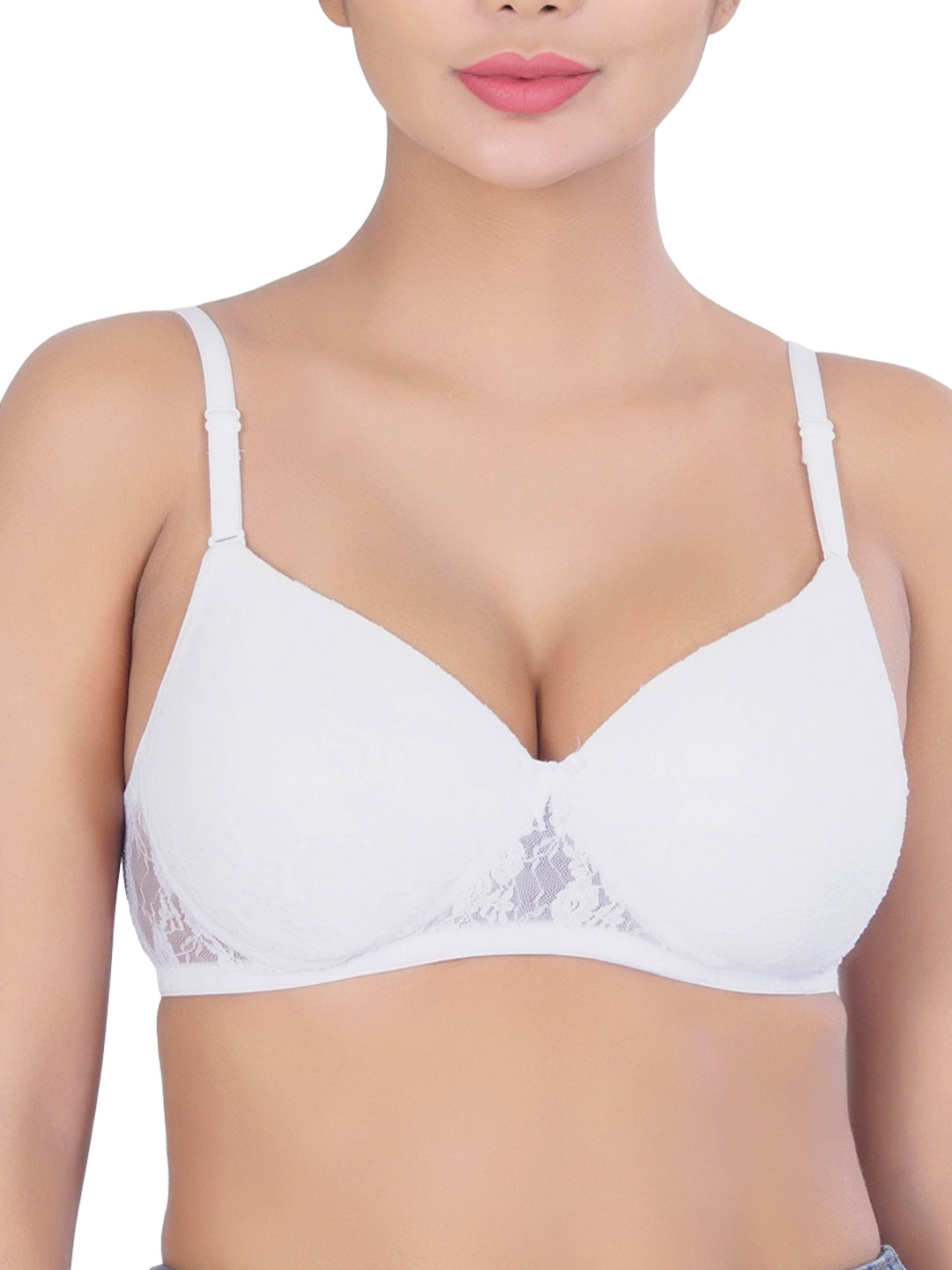 Womans Seamless Padded Nylon Lace Everyday Non Wired Bra with Detachable Straps | Transparent Straps Included