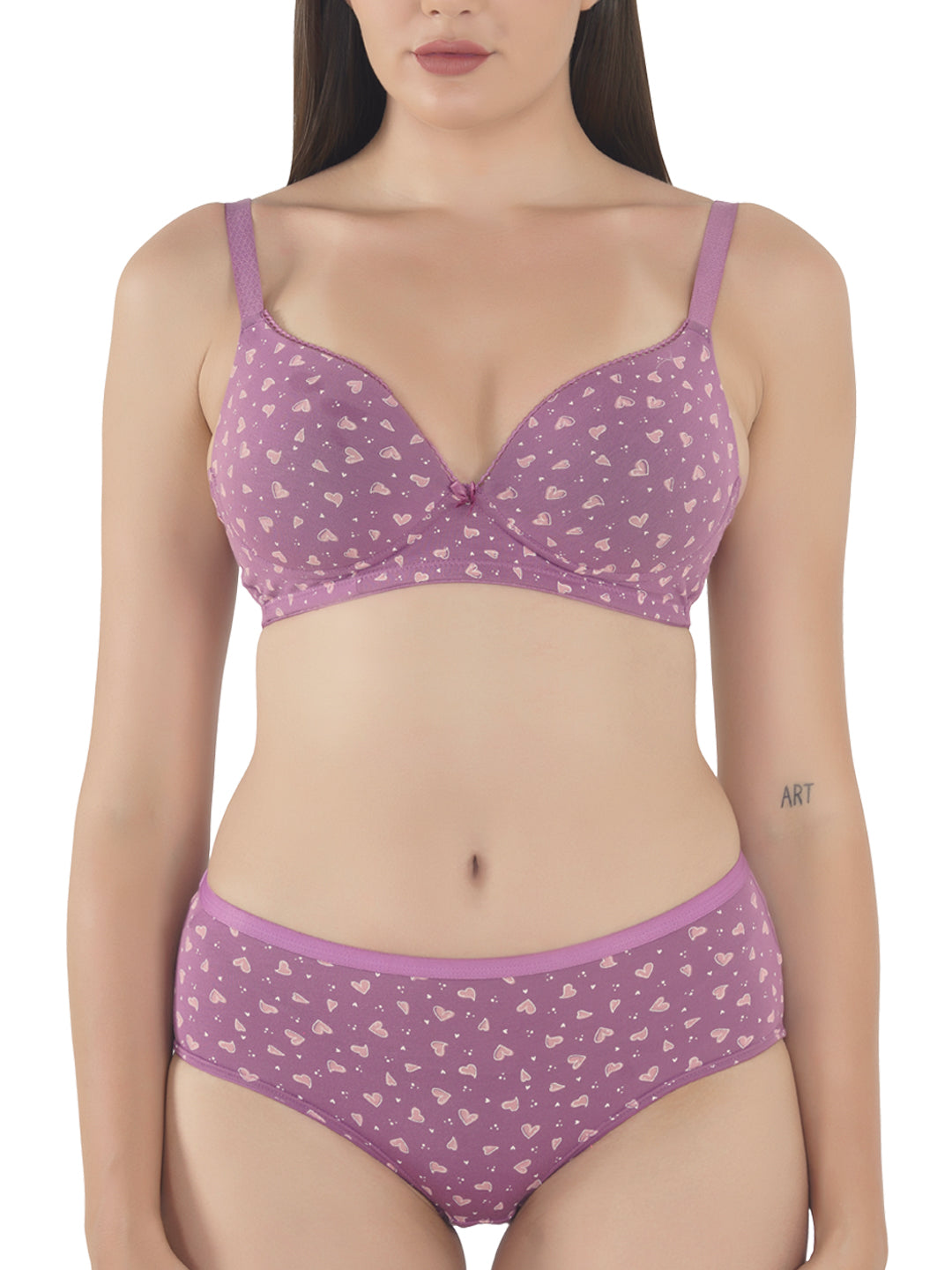 Womens Lingerie Set with Seamless Padded Cotton Stretch Fabric Printed, Non Wired Bra and Hipster Panty