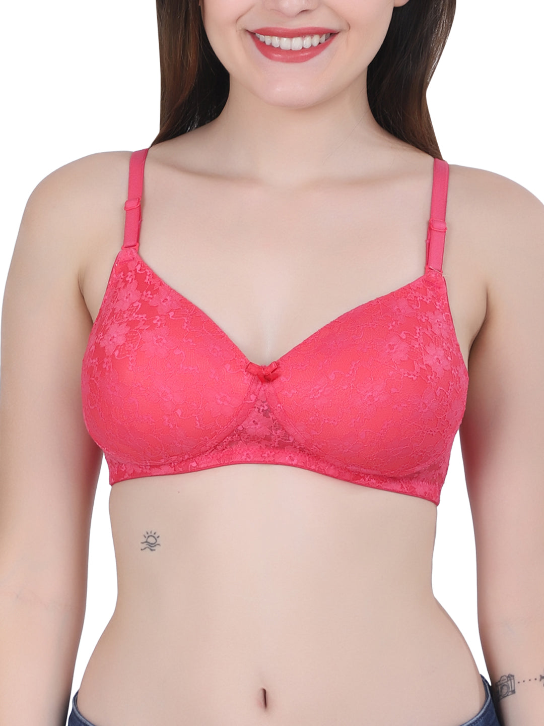 Womans Seamless Padded Nylon Lace Everyday Non Wired Bra with Detachable Straps | Transparent Straps Included