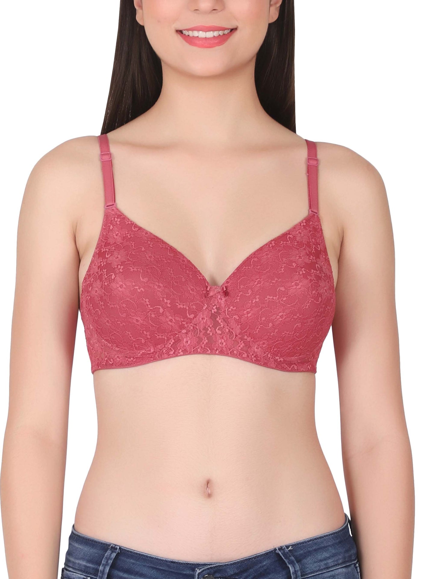 Womans Seamless Padded Nylon Lace Everyday Non Wired Bra with Detachable Straps | Transparent Straps Included