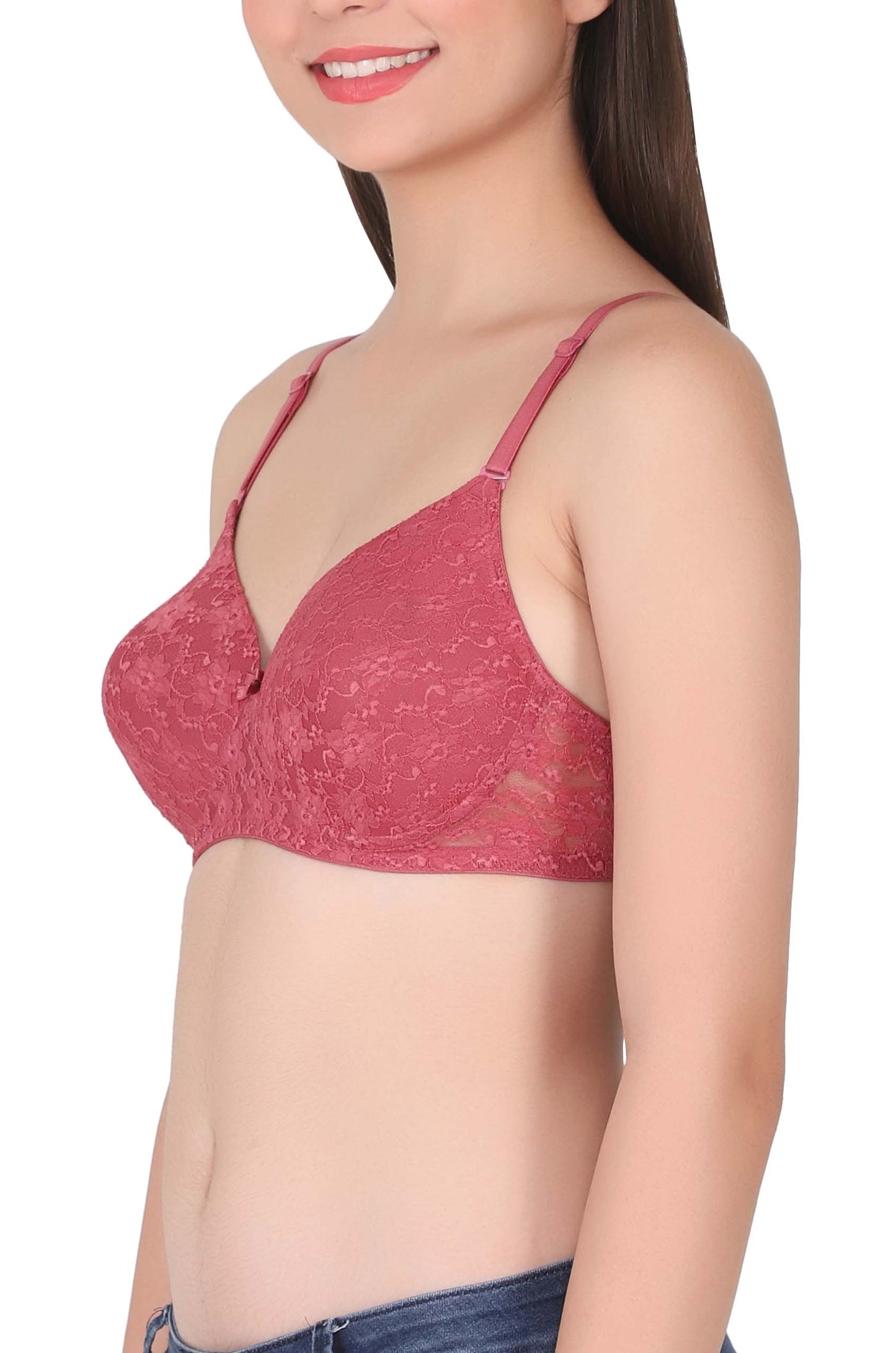 Womans Seamless Padded Nylon Lace Everyday Non Wired Bra with Detachable Straps | Transparent Straps Included