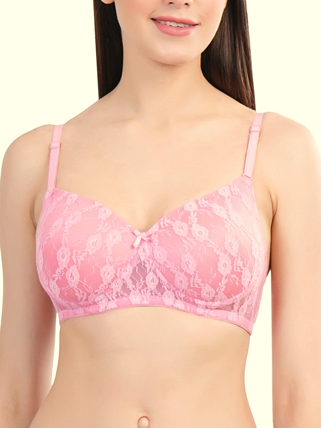 Womans Seamless Padded Nylon Lace Everyday Non Wired Bra with Detachable Straps | Transparent Straps Included