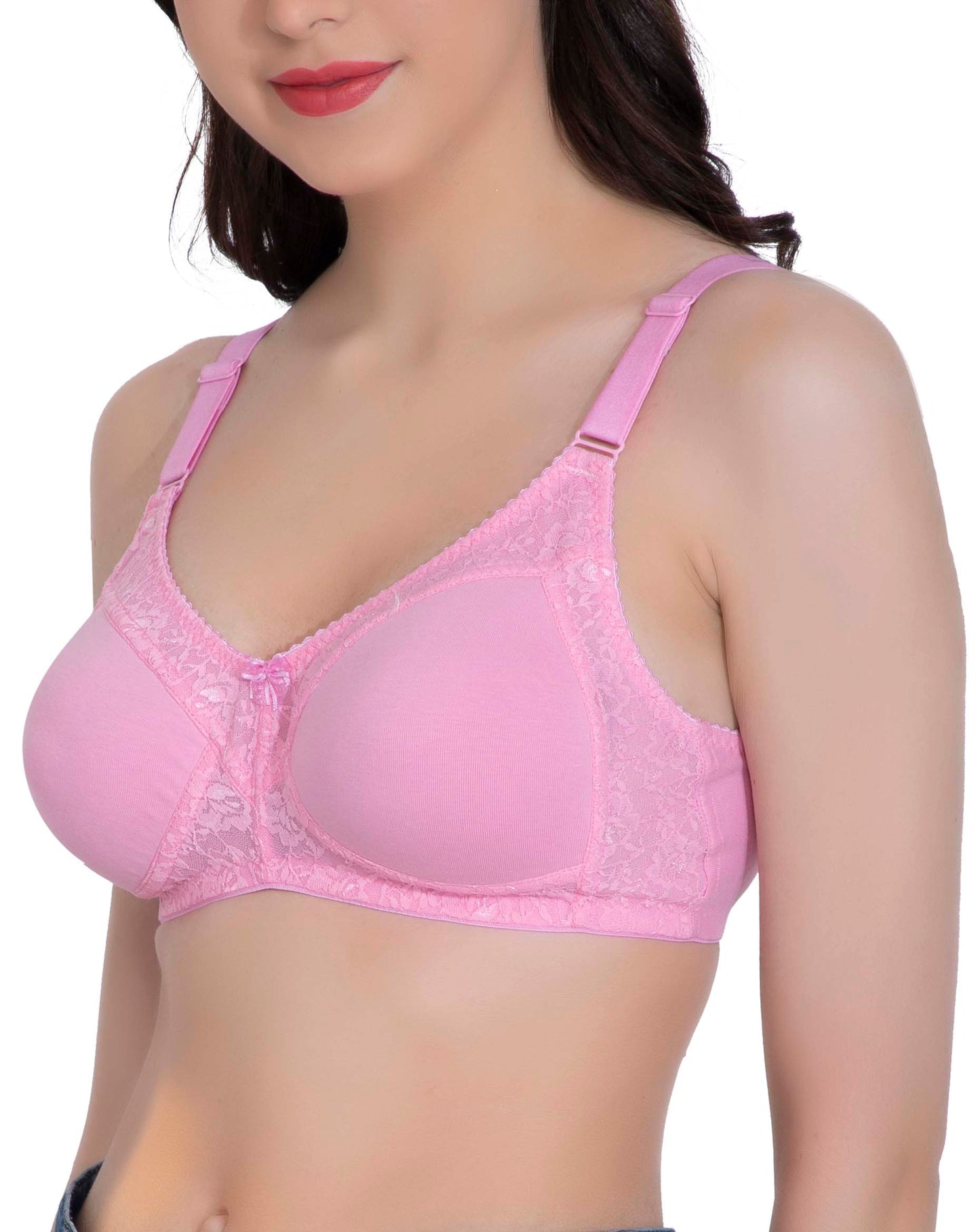 Women's Seamless Padded Bra | Full Coverage | Cotton Stretch Fabric and Nylon Lace | Broad Adjustable Straps