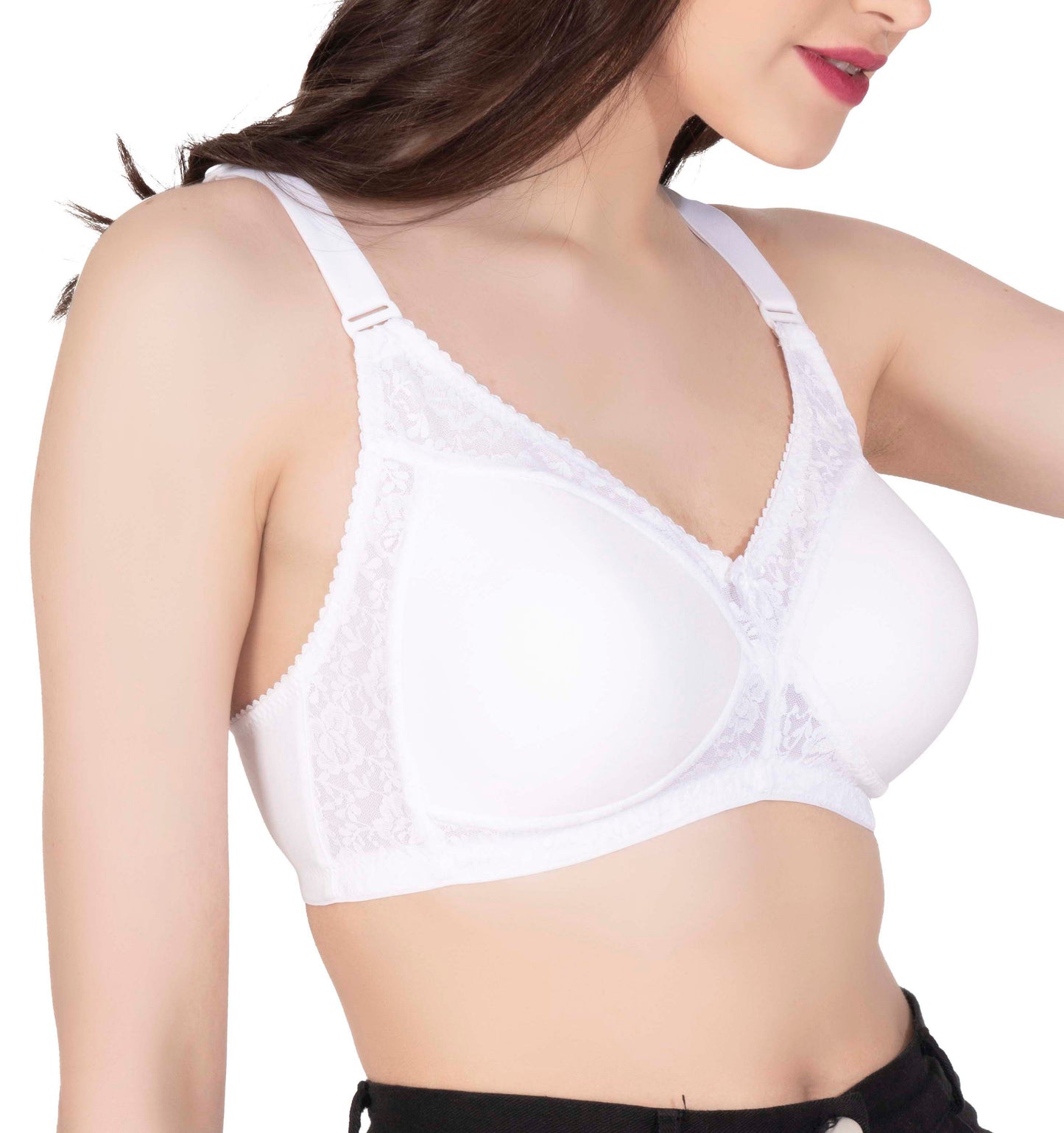 Women's Seamless Padded Bra | Full Coverage | Cotton Stretch Fabric and Nylon Lace | Broad Adjustable Straps